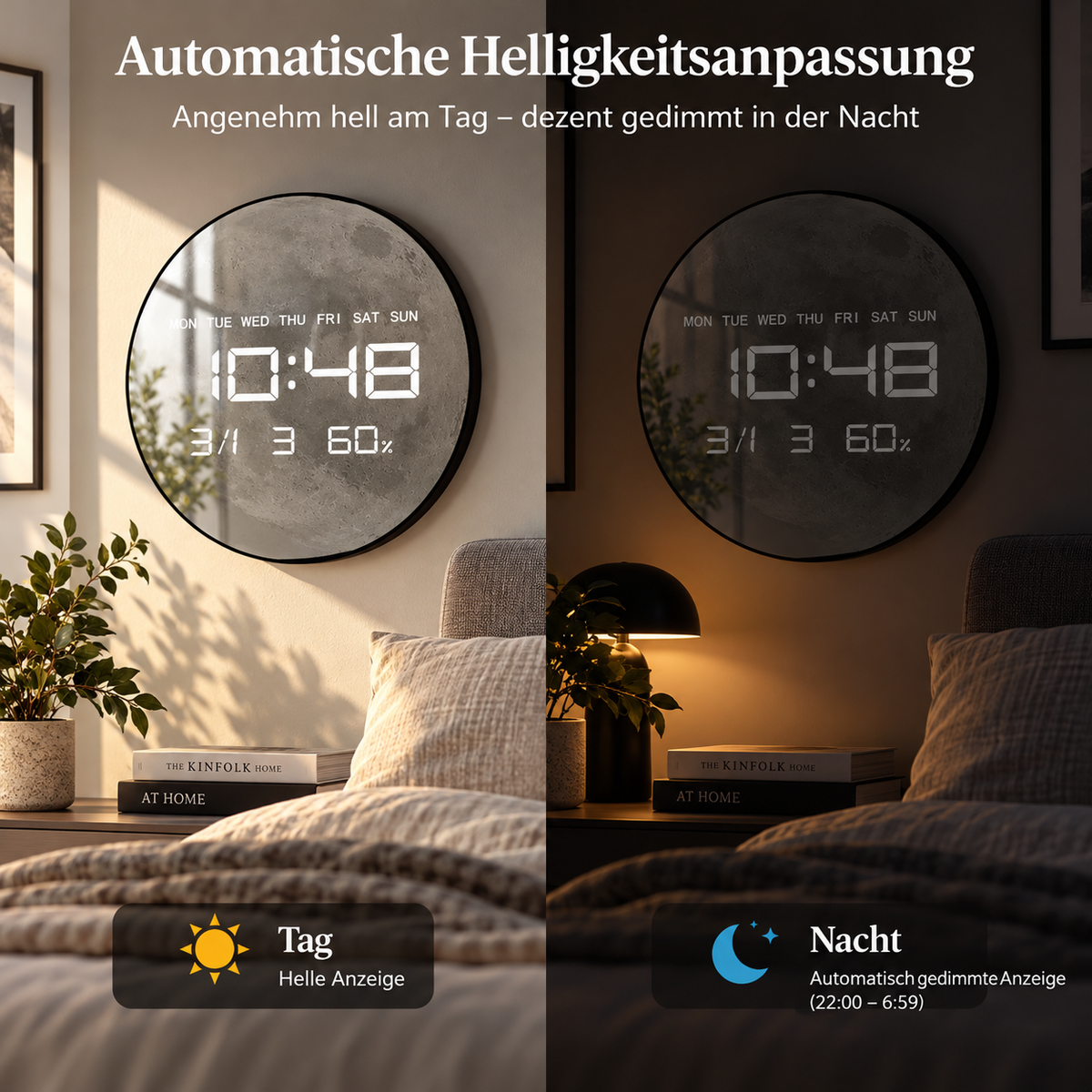 Digitale Wanduhr mit grauem Mondmotiv in einer Tag-und-Nacht-Darstellung