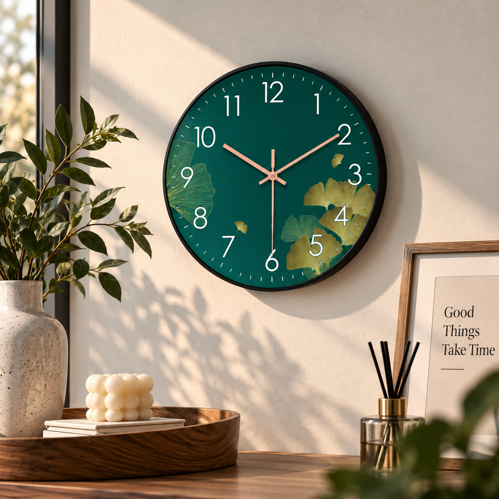 Grüne Wanduhr mit Ginkgomotiv über einem hellen Sideboard