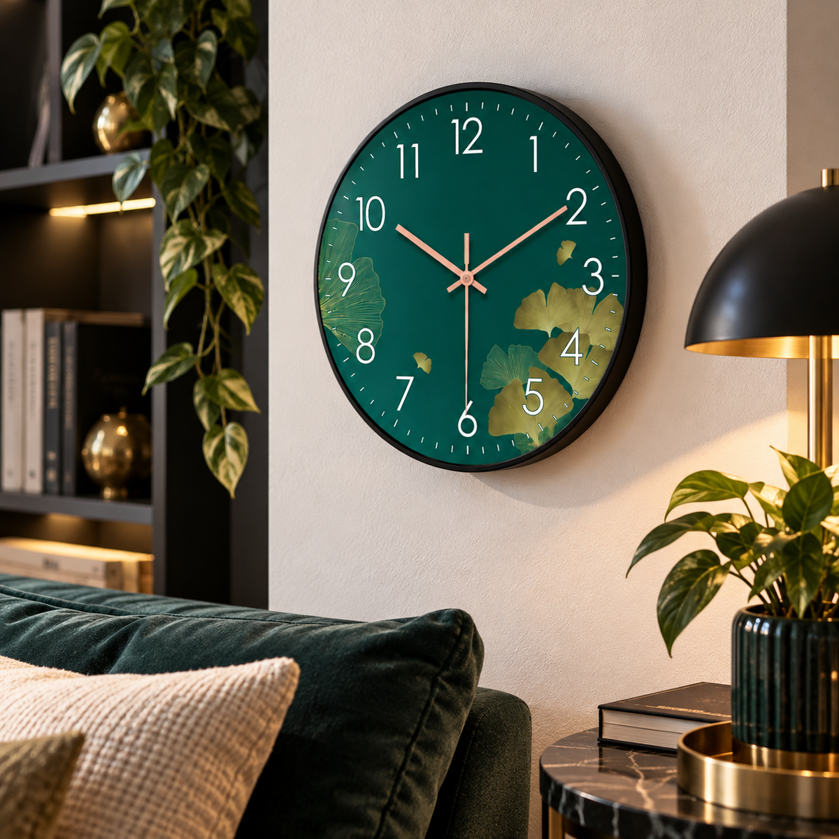Grüne Wanduhr mit Ginkgomotiv in einer Schlafzimmergestaltung