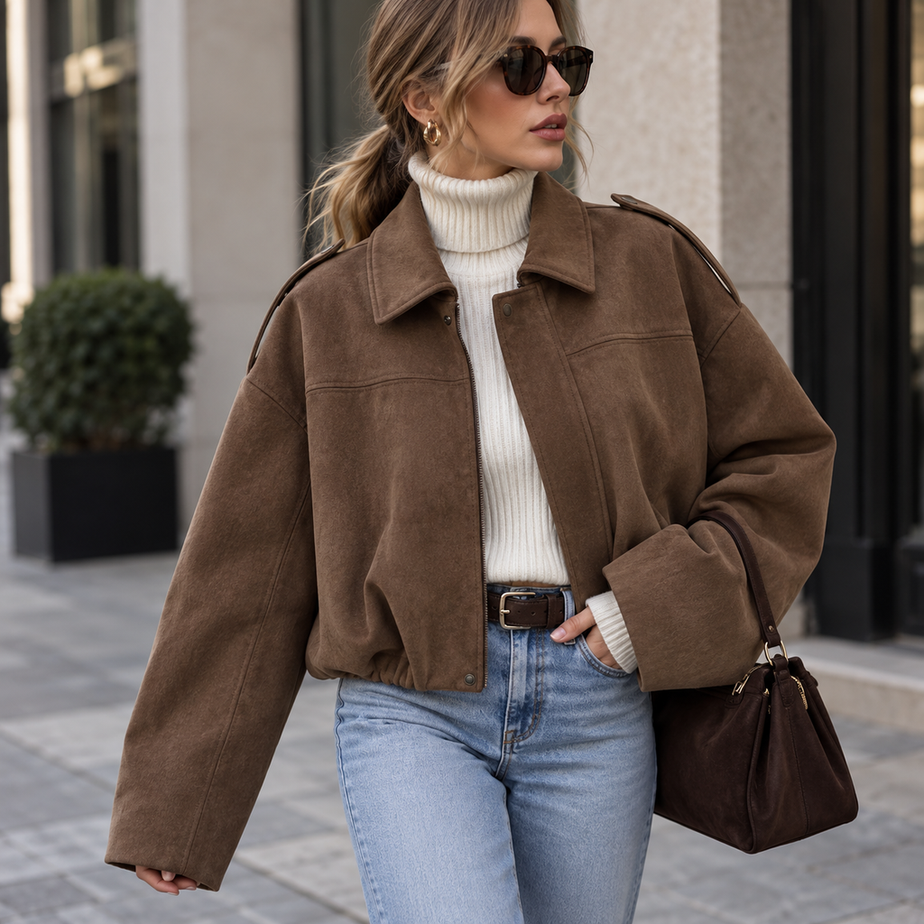 Braune Damen-Bomberjacke in Wildlederoptik