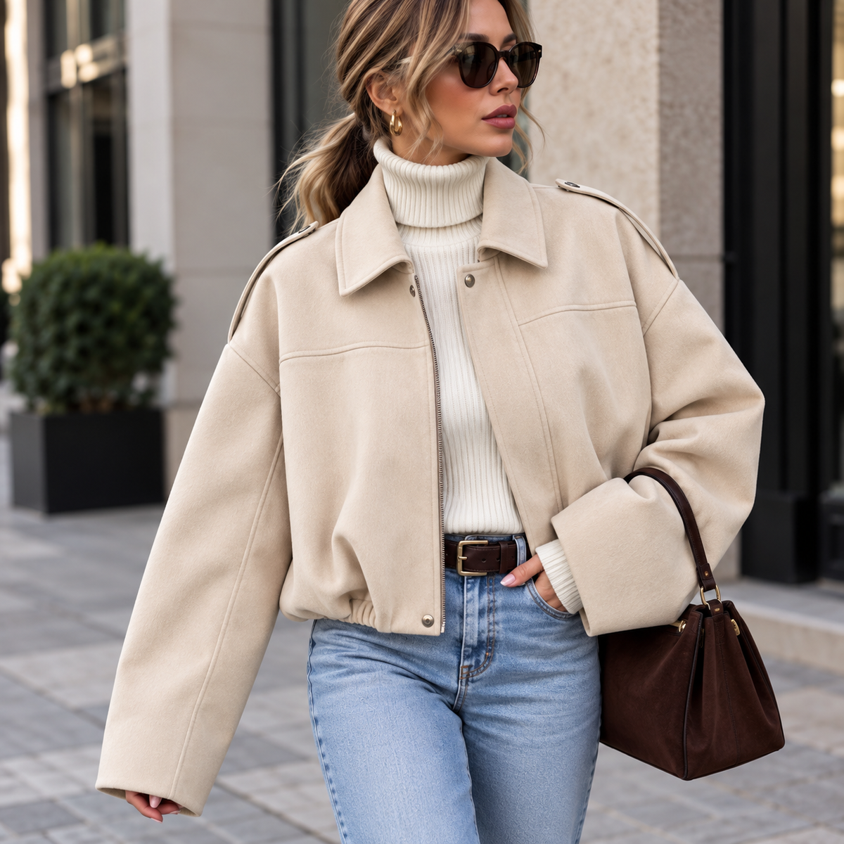 Beige Damen-Bomberjacke in Wildlederoptik