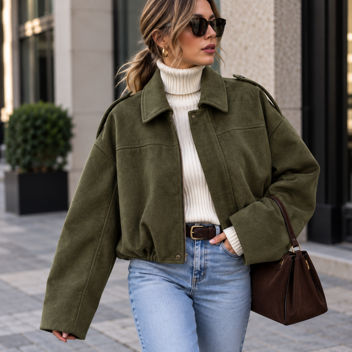 Grüne Damen-Bomberjacke in Wildlederoptik