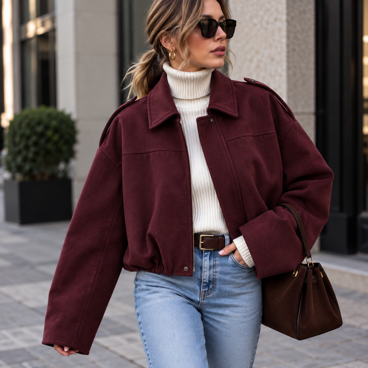 Bordeauxfarbene Damen-Bomberjacke in Wildlederoptik