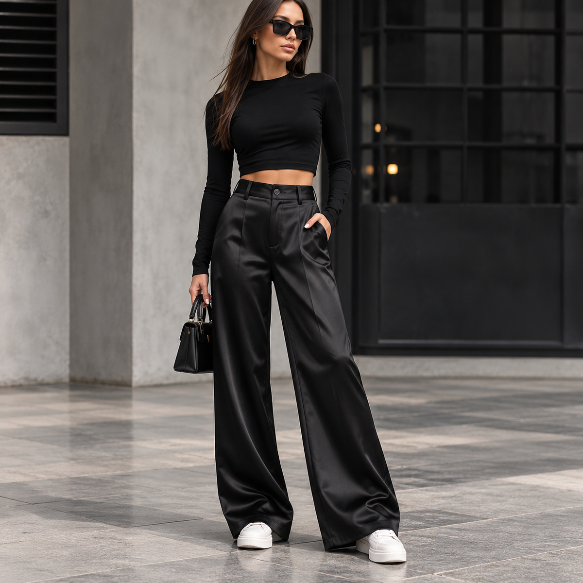Schwarze Hose mit weitem Bein und elastischem Bund