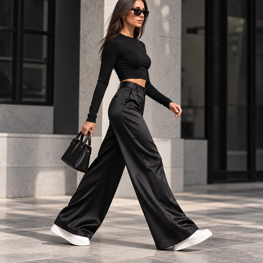 Damenhose mit weitem Bein und Seitentaschen
