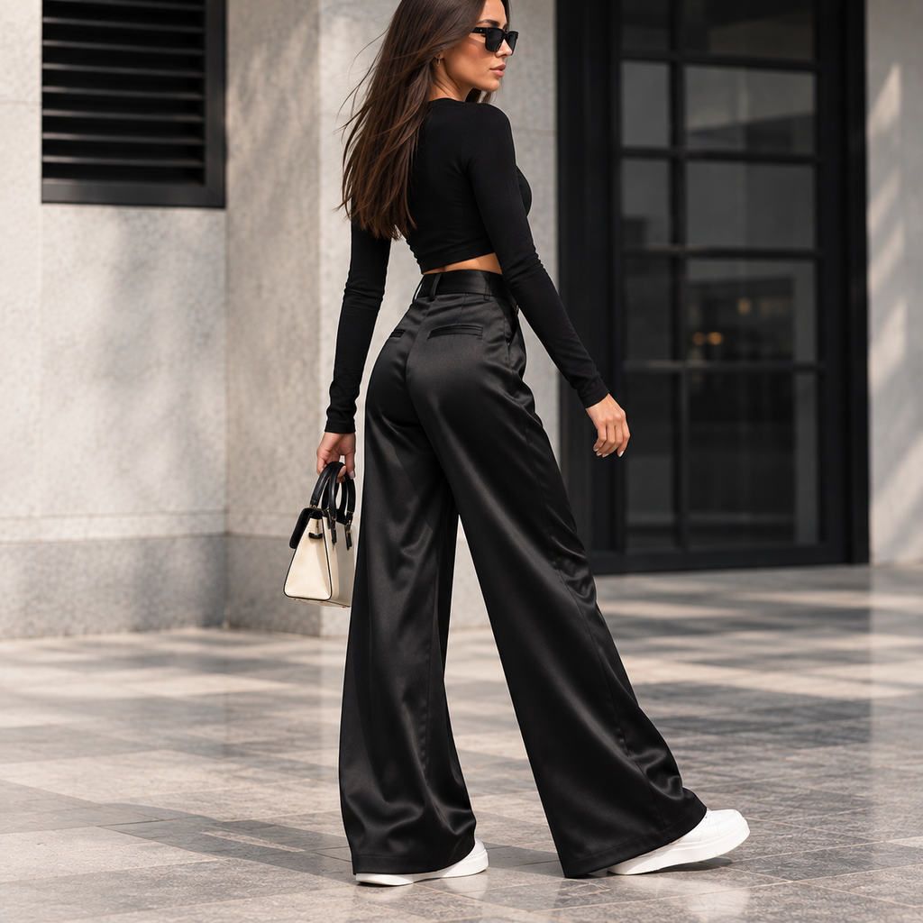 Fließende schwarze Wide-Leg-Hose