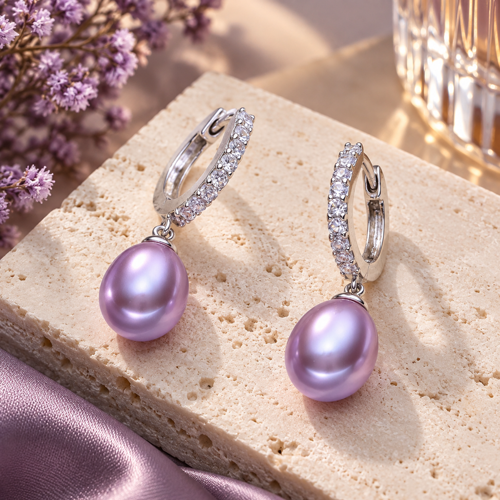 Lila Süßwasserperlen-Creolen aus 925 Sterling Silber