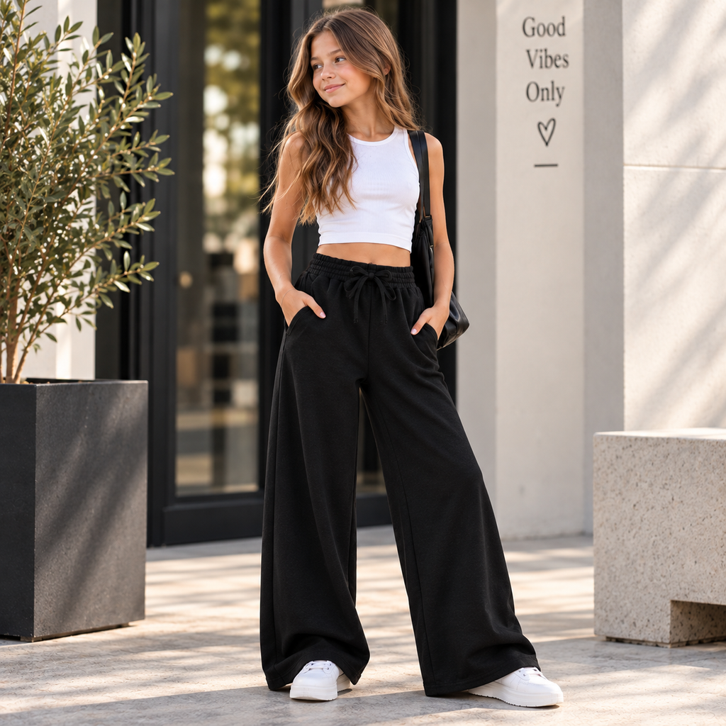 Schwarze Mädchen-Wide-Leg-Sweathose mit elastischem Bund