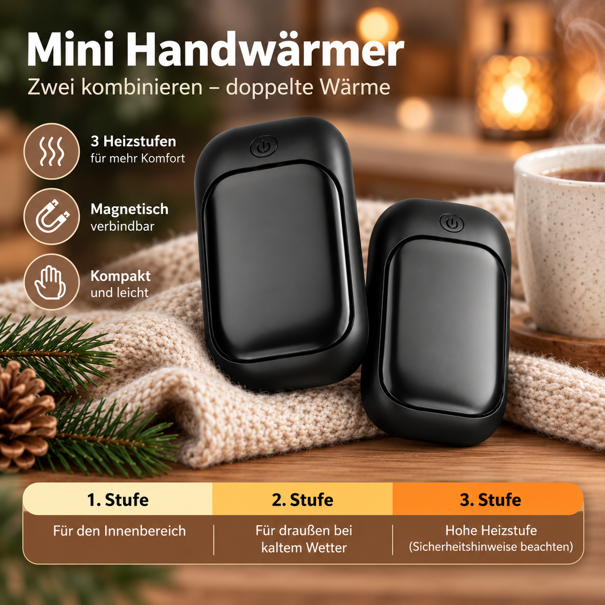 Schwarze magnetische Handwärmer im 2er-Set