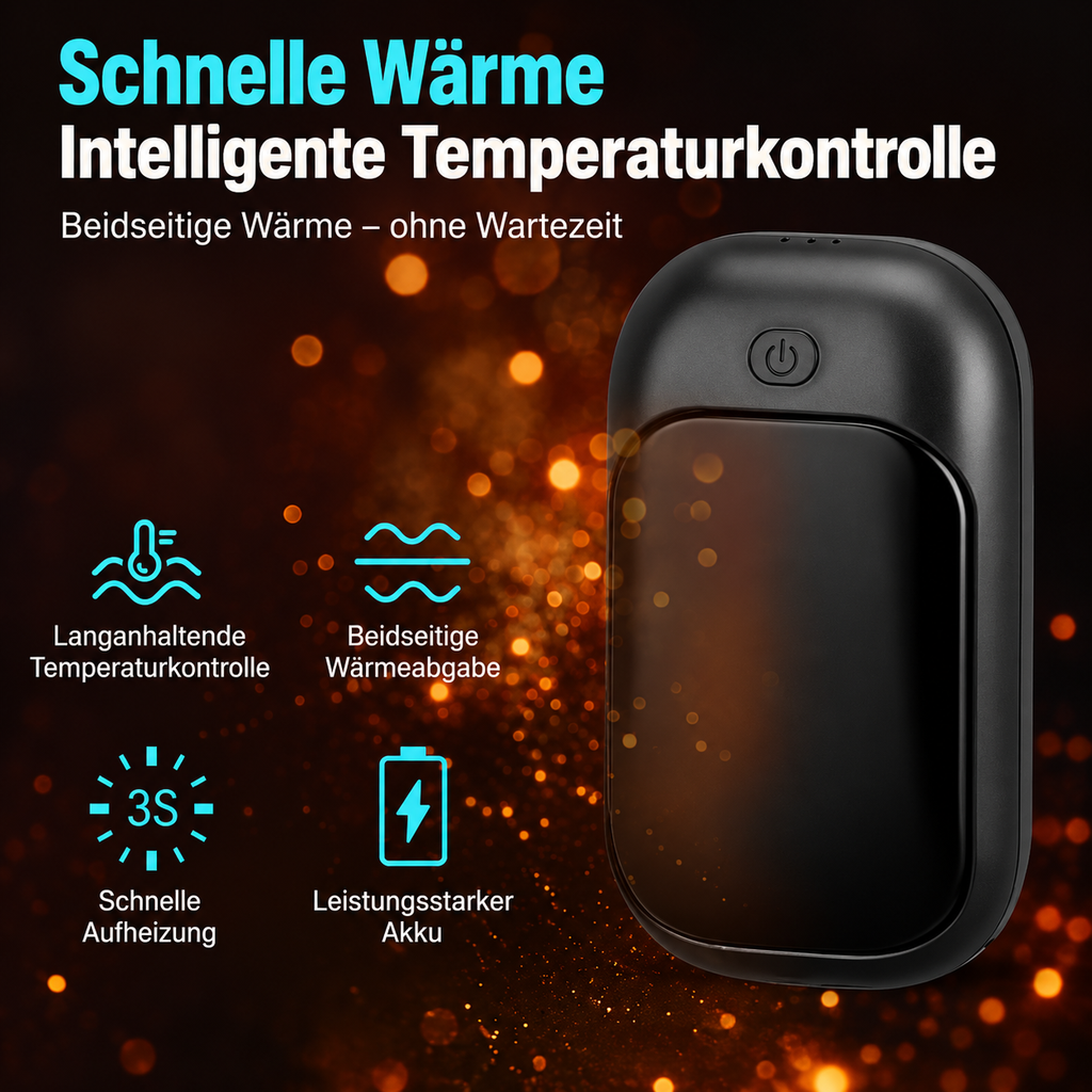 Schwarzer Handwärmer mit drei Heizstufen
