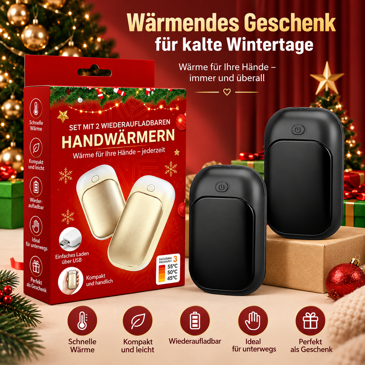 Schwarze magnetische Handwärmer im 2er-Set mit Verpackung