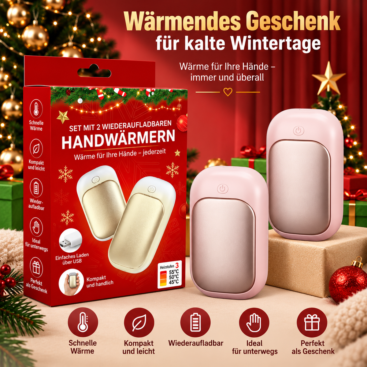 Rosafarbene magnetische Handwärmer im 2er-Set