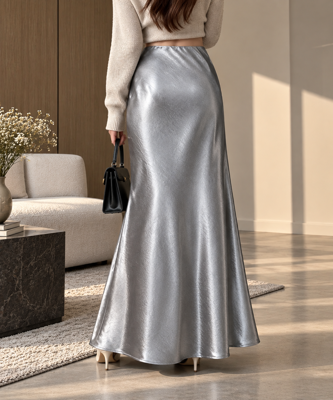 Grauer Satin-Maxirock