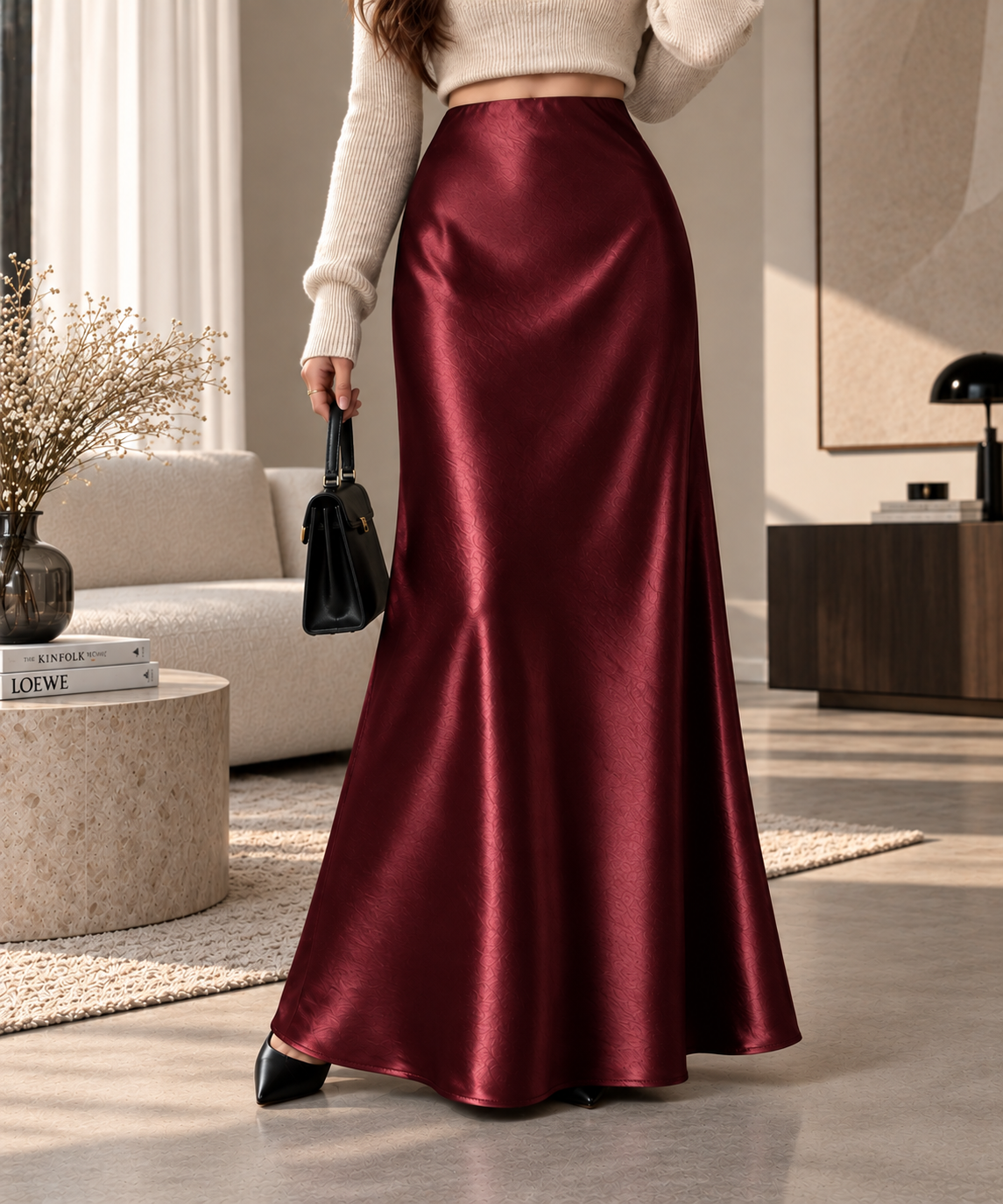 Bordeauxfarbener Satin-Maxirock