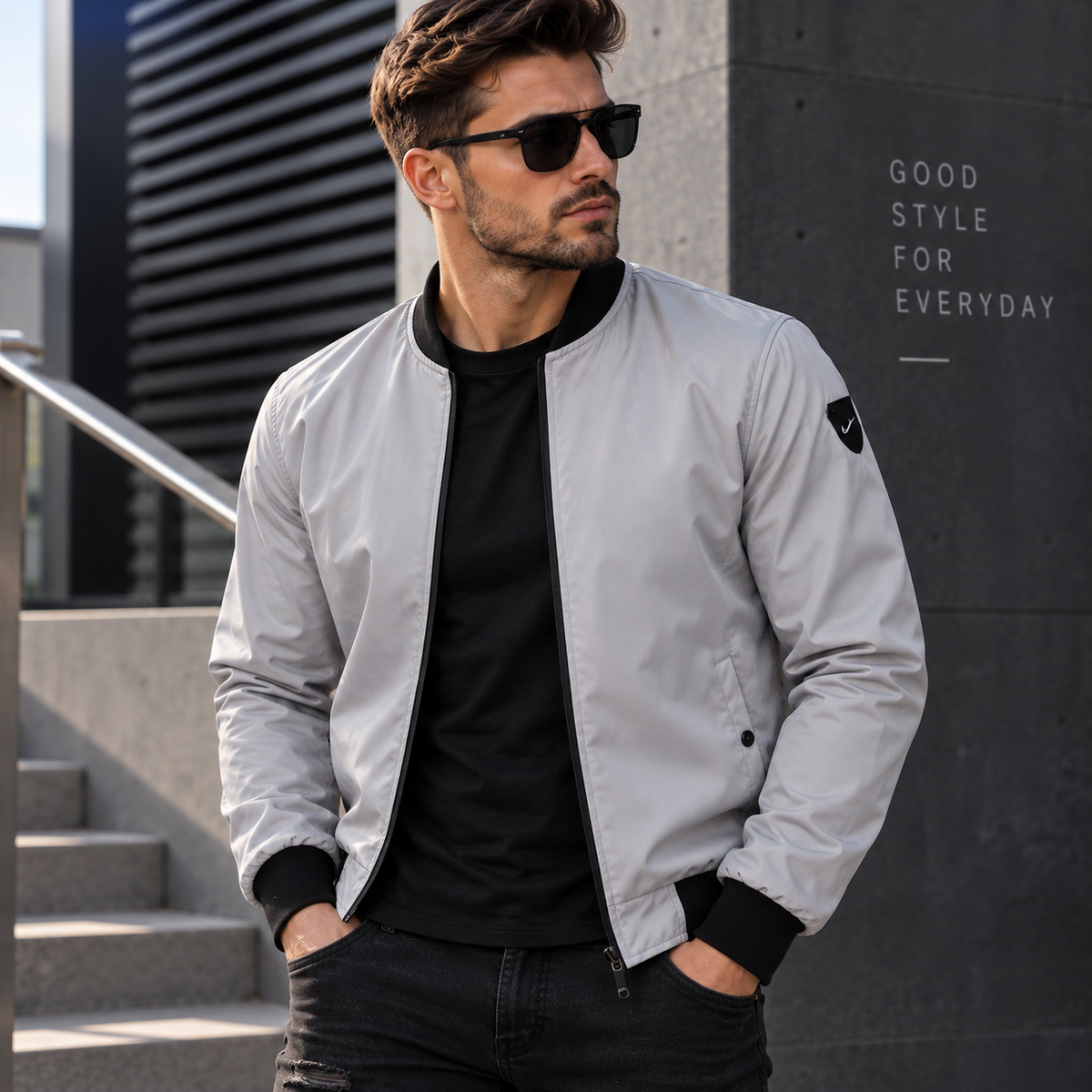 Graue Herren-Bomberjacke mit Stehkragen