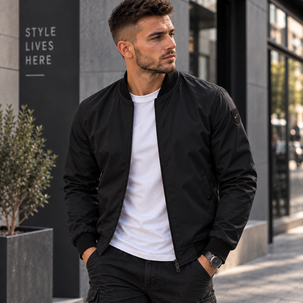 Schwarze Herren-Bomberjacke mit Stehkragen