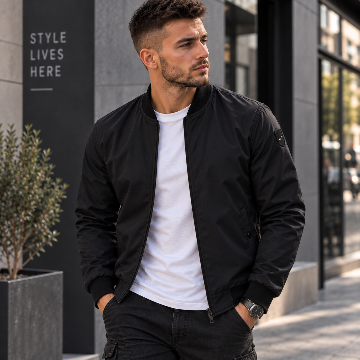 Schwarze Herren-Bomberjacke mit Stehkragen