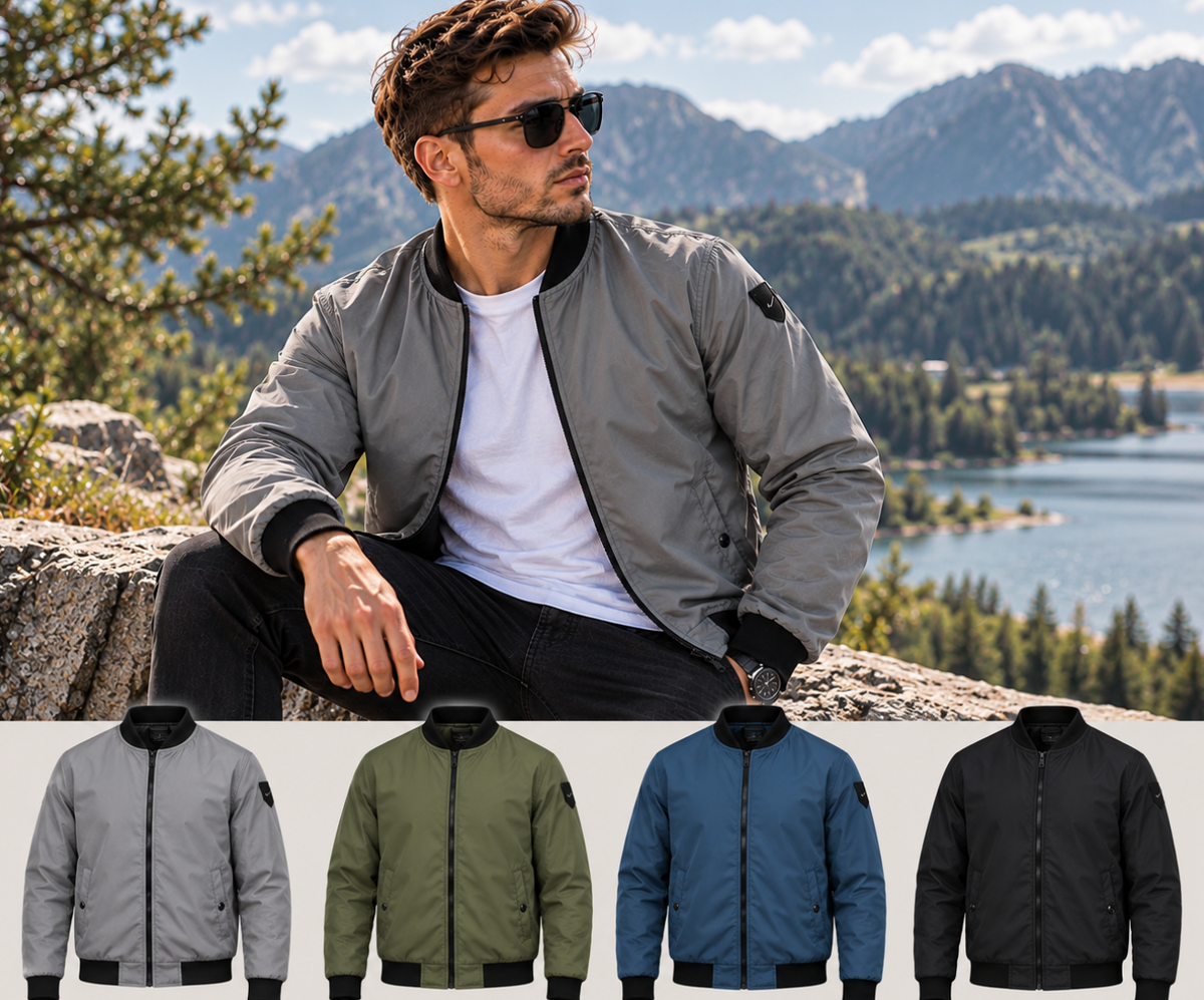 Herren-Bomberjacke mit Stehkragen in Grau, Olivgrün, Blau und Schwarz