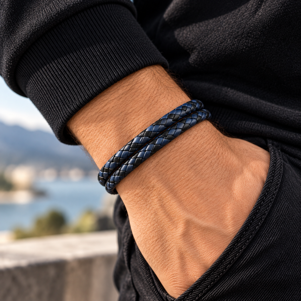 Blaues zweireihiges Herren-Armband am Handgelenk