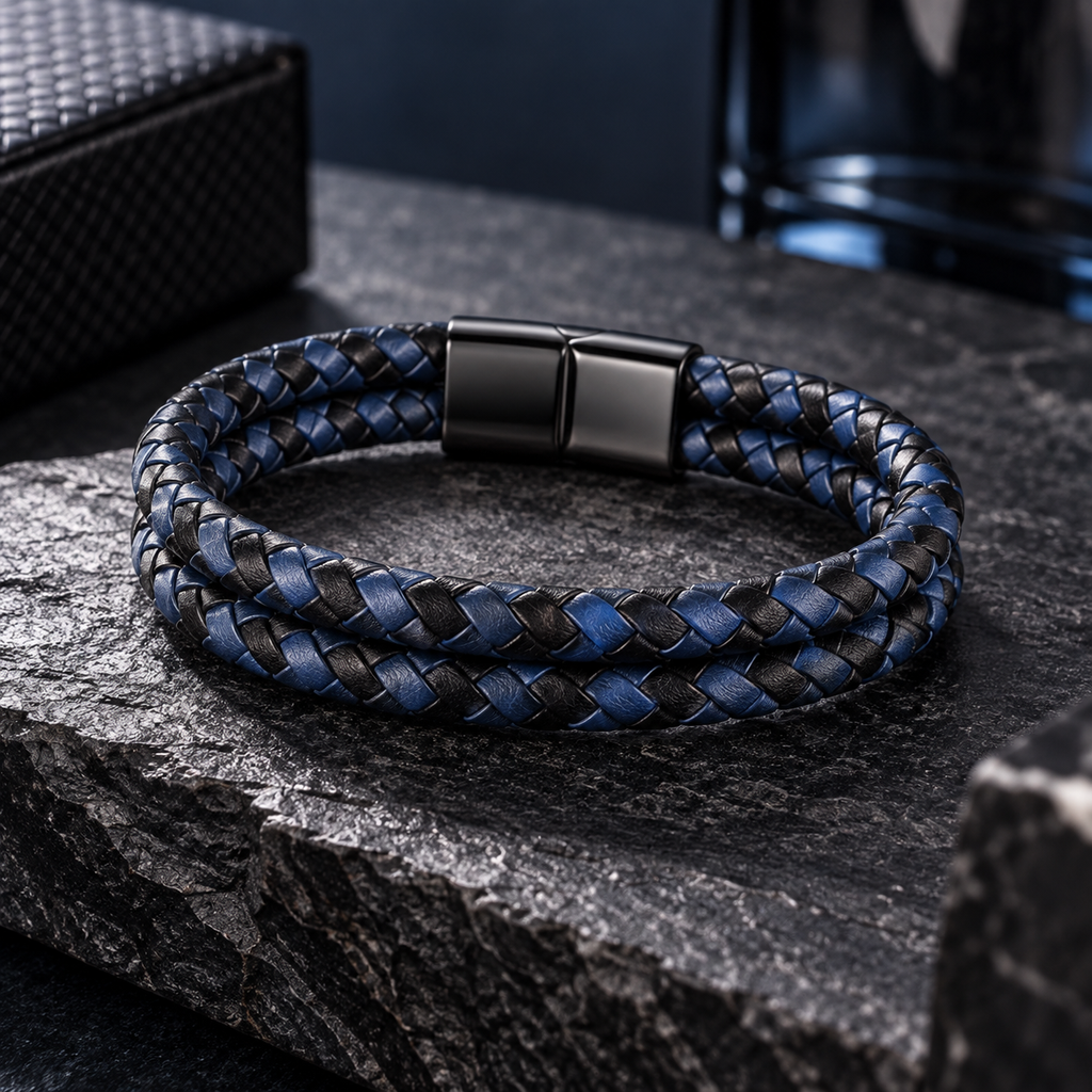 Blaues geflochtenes Herren-Armband in Lederoptik