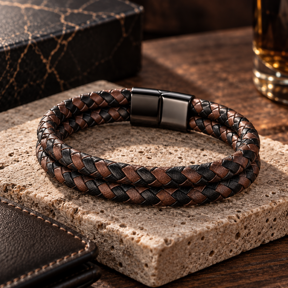 Braunes geflochtenes Herren-Armband in Lederoptik