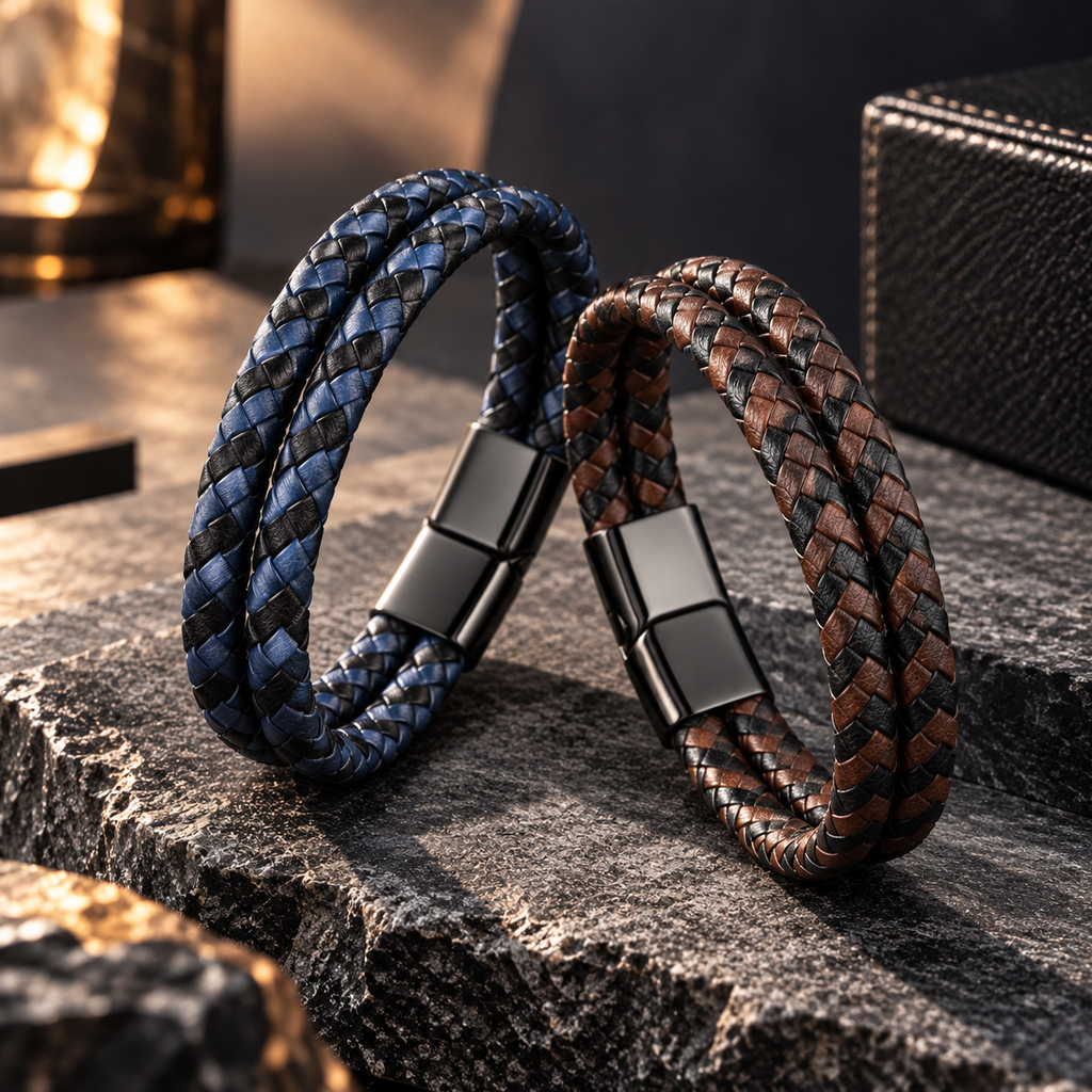 Geflochtenes zweireihiges Herren-Armband in Blau und Braun