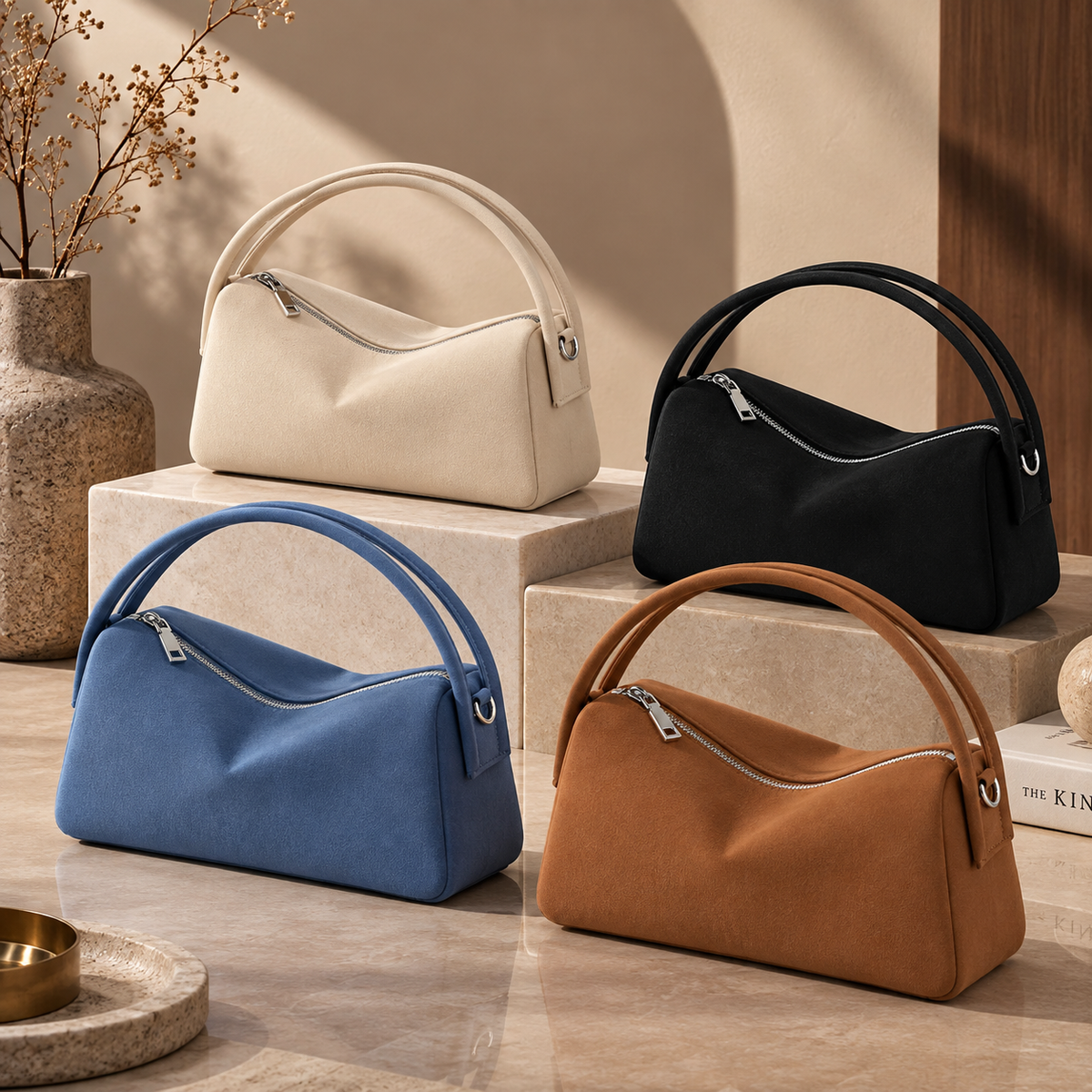 Schultertasche in Wildlederoptik in Weiß, Schwarz, Blau und Braun