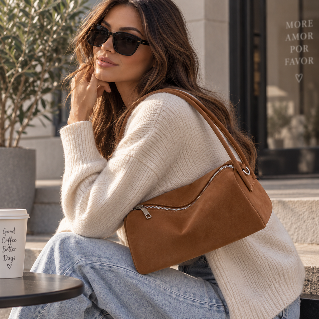 Braune Schultertasche in Wildlederoptik im Alltagslook