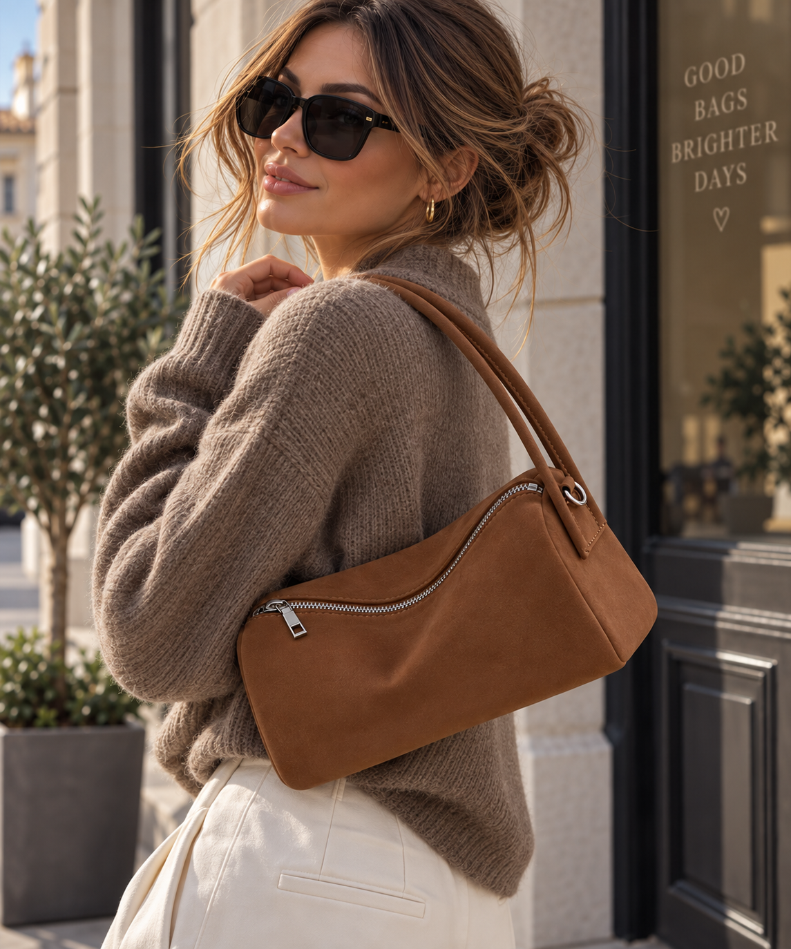 Braune Schultertasche in Wildlederoptik mit Reißverschluss