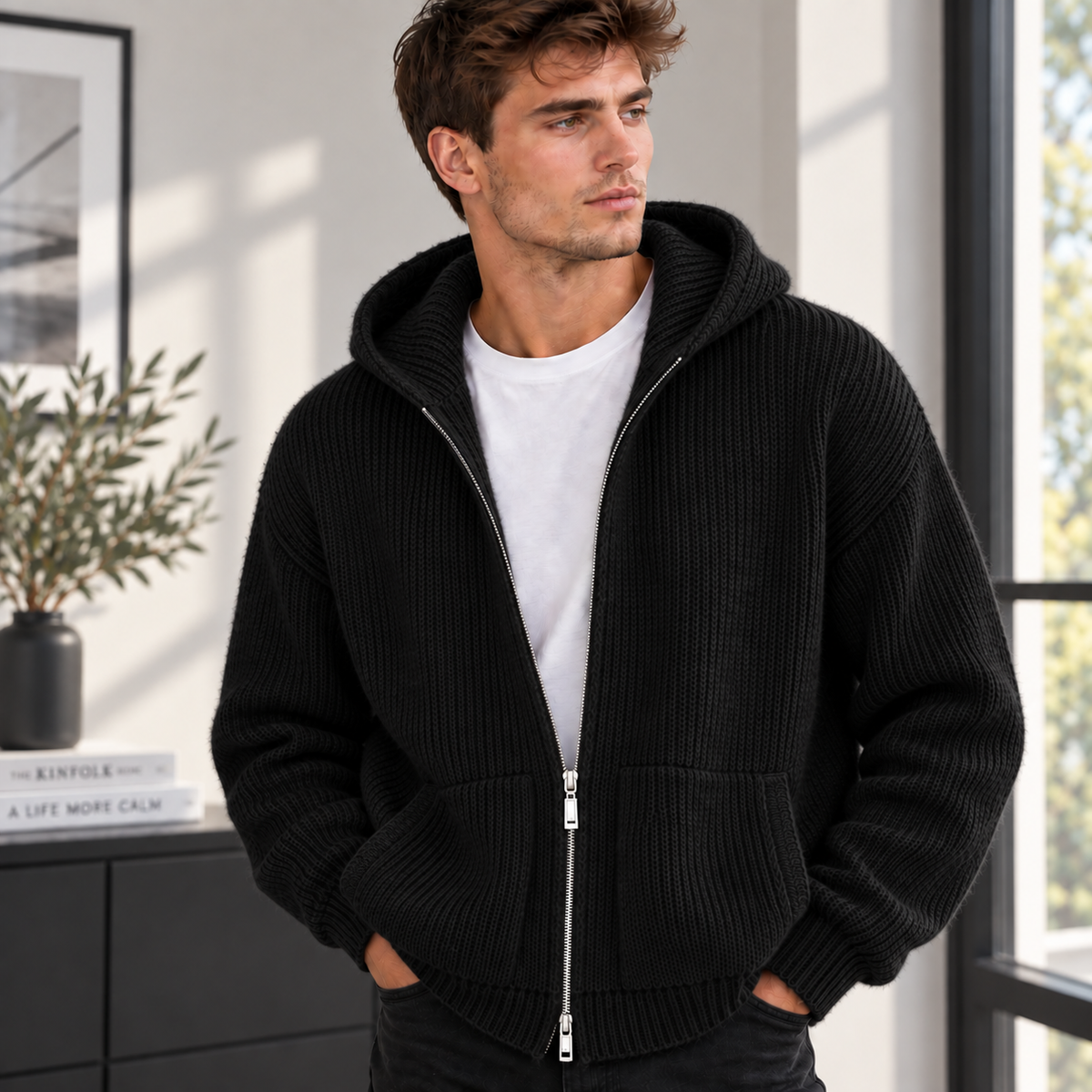 Herren Strickjacke mit Kapuze und Reißverschluss – 5 Farben – Produktansicht 5