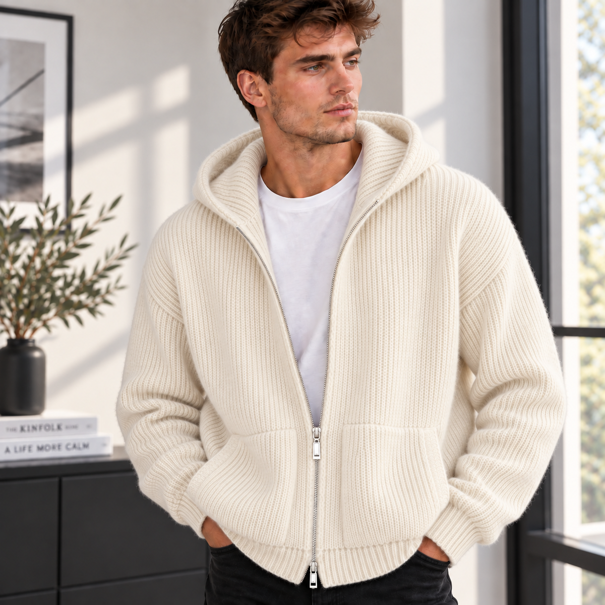 Herren Strickjacke mit Kapuze und Reißverschluss – 5 Farben – Produktansicht 3