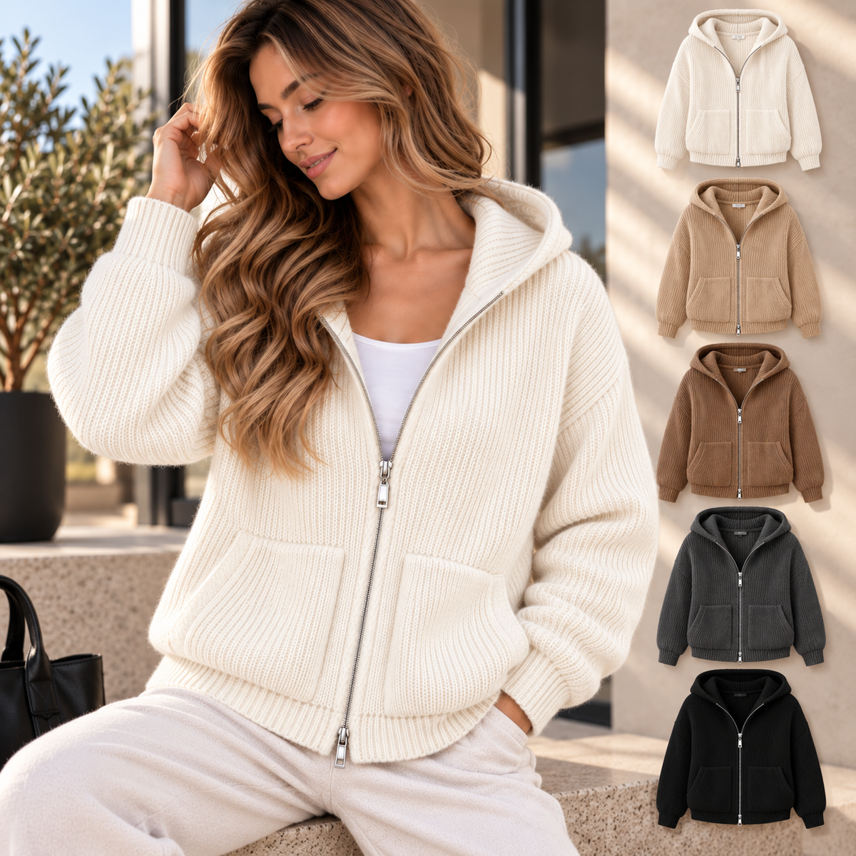 Herren Strickjacke mit Kapuze und Reißverschluss – 5 Farben – Produktansicht 2
