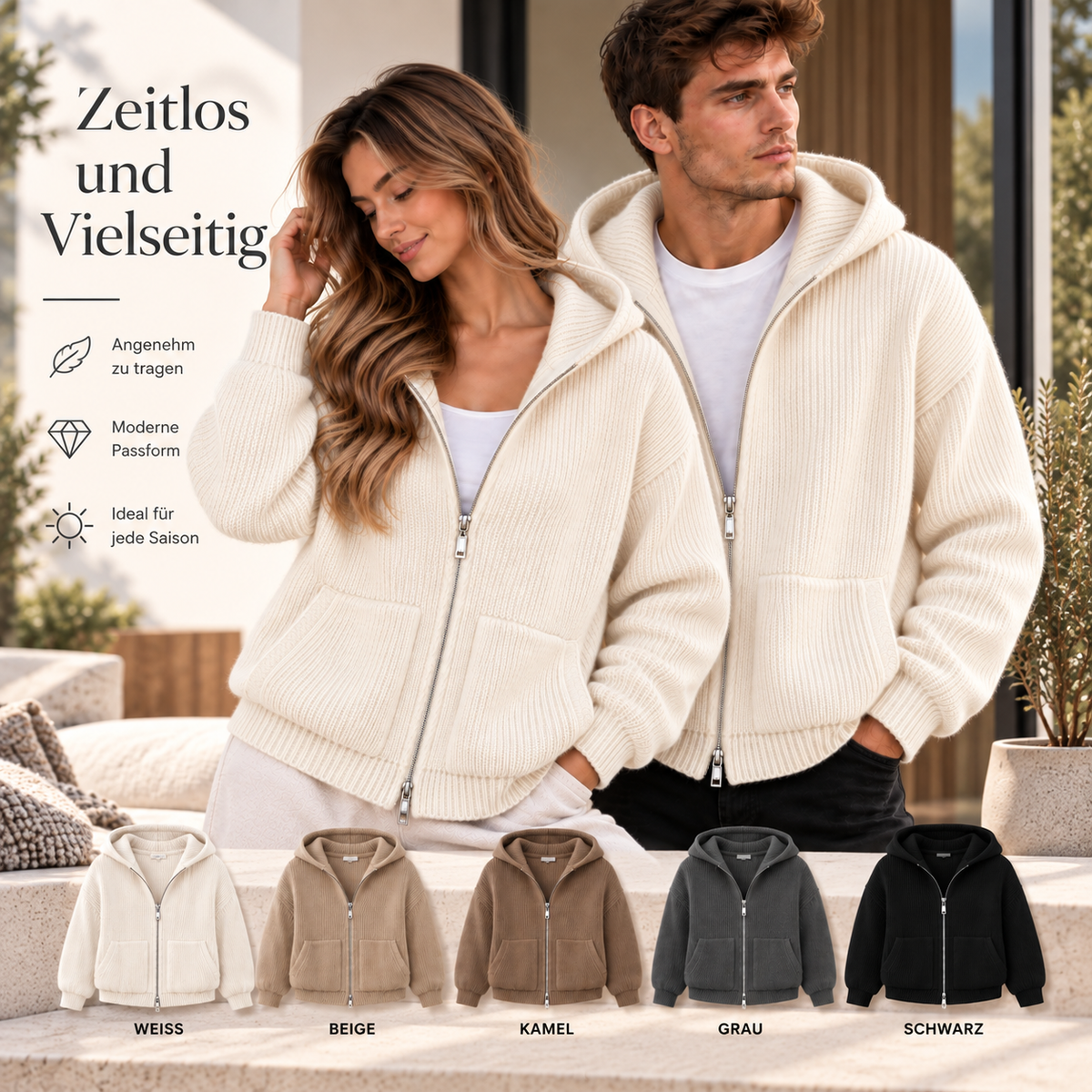 Herren Strickjacke mit Kapuze und Reißverschluss – 5 Farben – Produktansicht 1