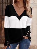 Weißer Damen-Strickpullover mit V-Ausschnitt und Blockstreifen