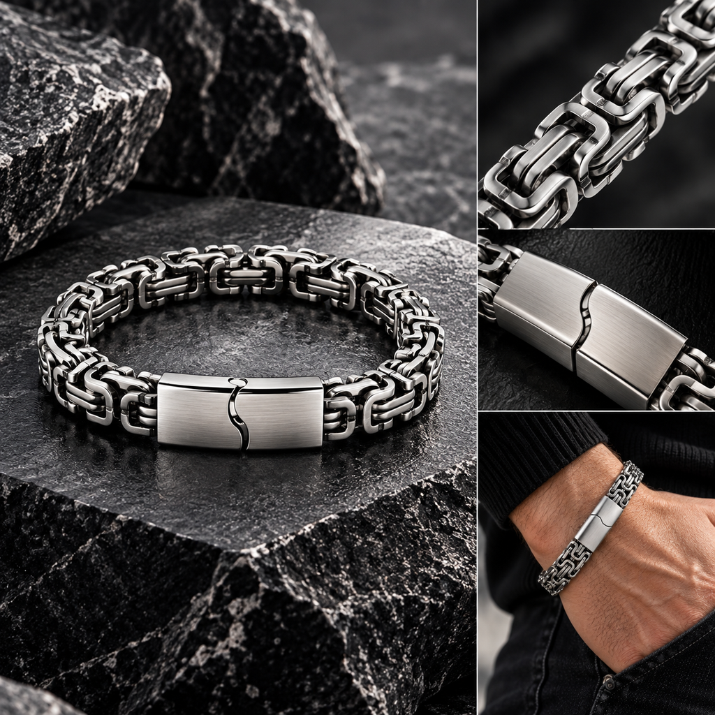Silberfarbenes Herren-Gliederarmband in einer Detailcollage