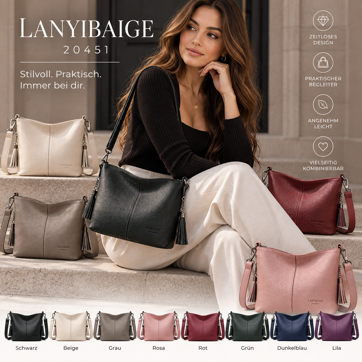 Schultertasche mit Zierquasten in einer Farb- und Produktübersicht