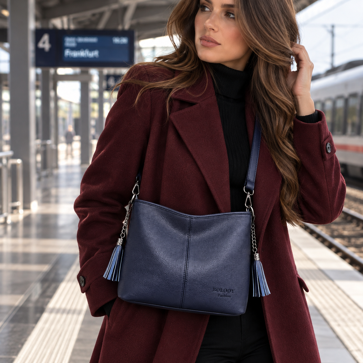 Schultertasche mit Zierquasten in Dunkelblau über der Schulter