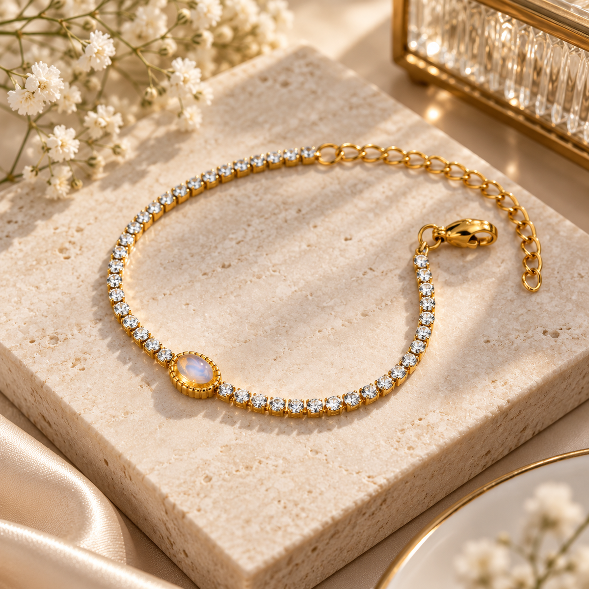 Goldfarbenes Armband mit rundem, hell schimmerndem Schmuckelement auf heller Unterlage