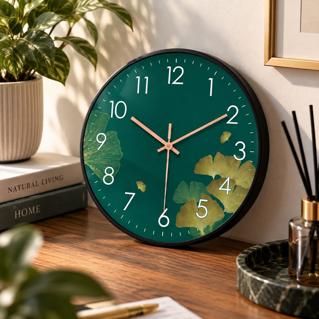 Grüne Wanduhr mit Ginkgomotiv auf einer Kommode