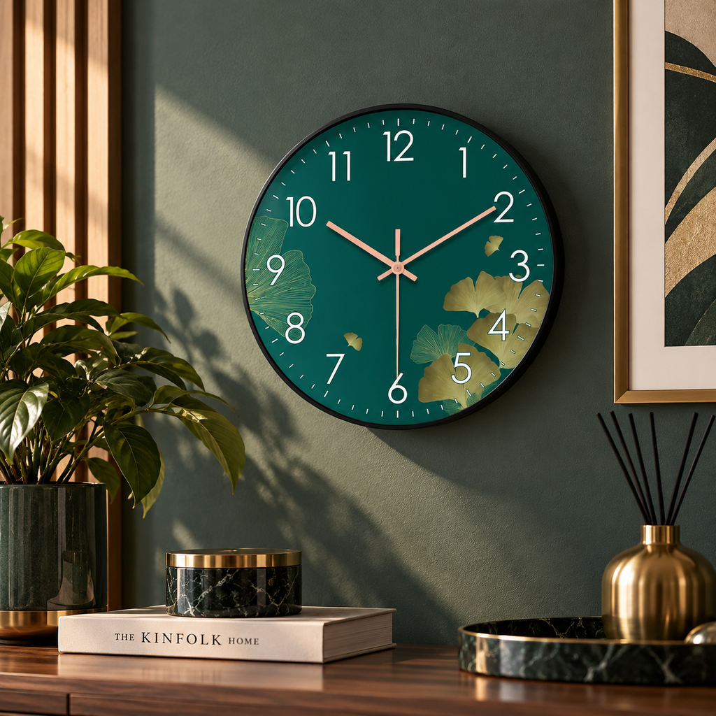 Grüne Wanduhr mit Ginkgomotiv an einer dunklen Wand