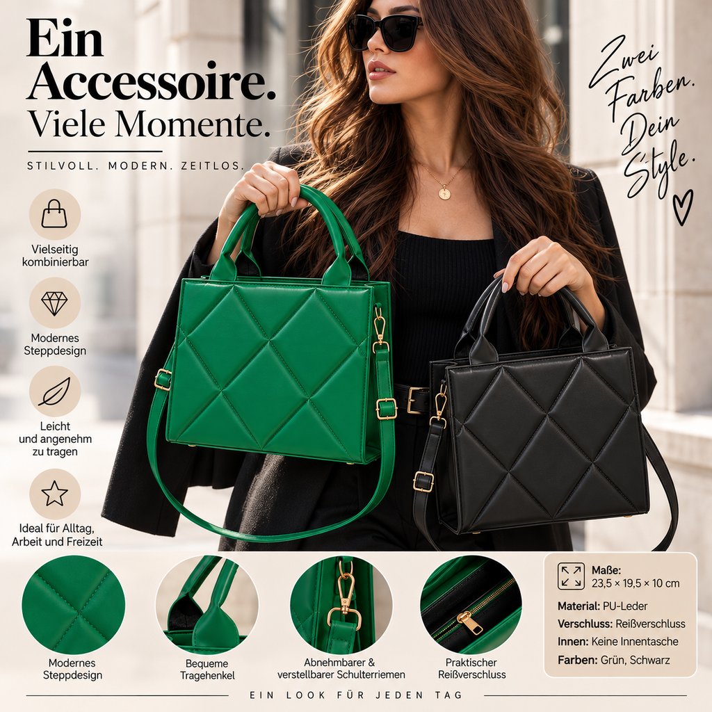 Handtasche mit Rautenmuster in Grün und Schwarz in einer Übersicht
