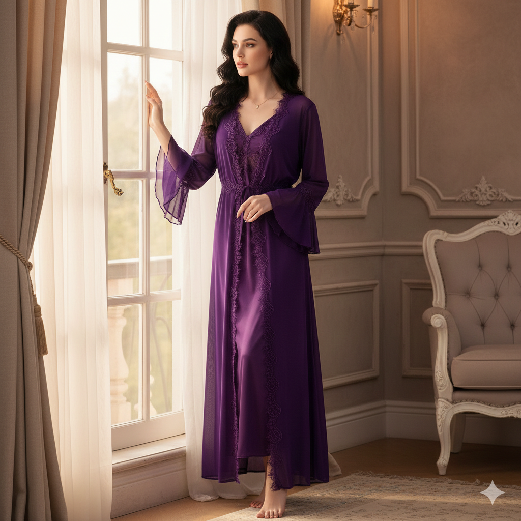 Luxuriöses Satin-Nachtkleid & Kimono-Set – Elegante Spitze, Langer Morgenmantel in Purpur, Weibliche Nachtwäsche