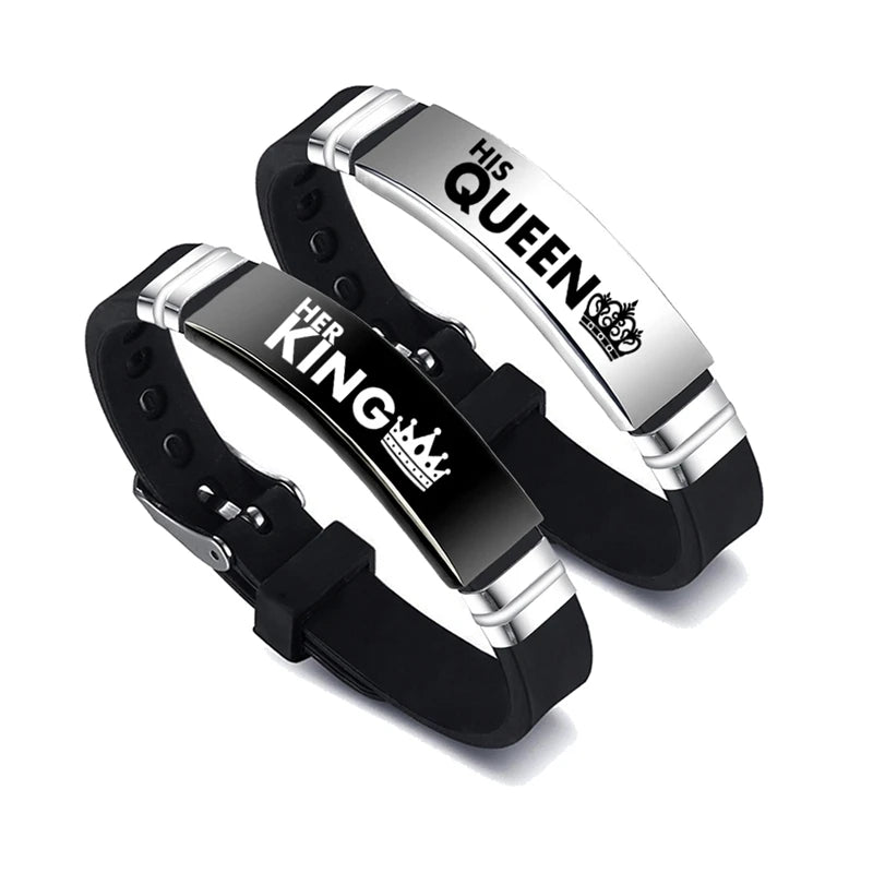 Partner Armband Set „King & Queen“ – 2-teilig – Edelstahl & Silikon – Verstellbar – Geschenk für Paare