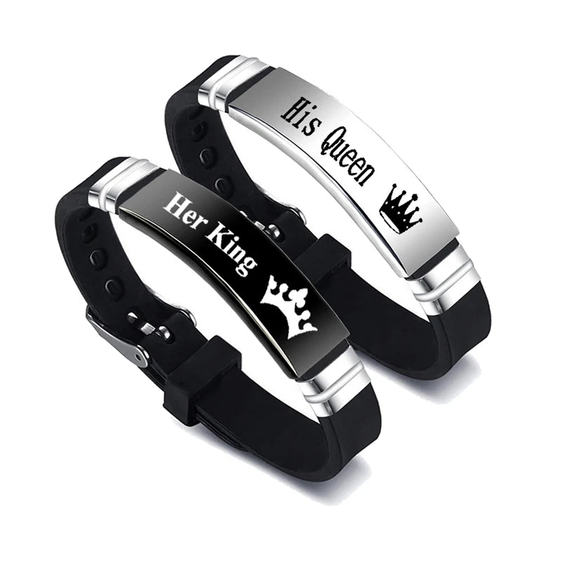 Partner Armband Set „King & Queen“ – 2-teilig – Edelstahl & Silikon – Verstellbar – Geschenk für Paare
