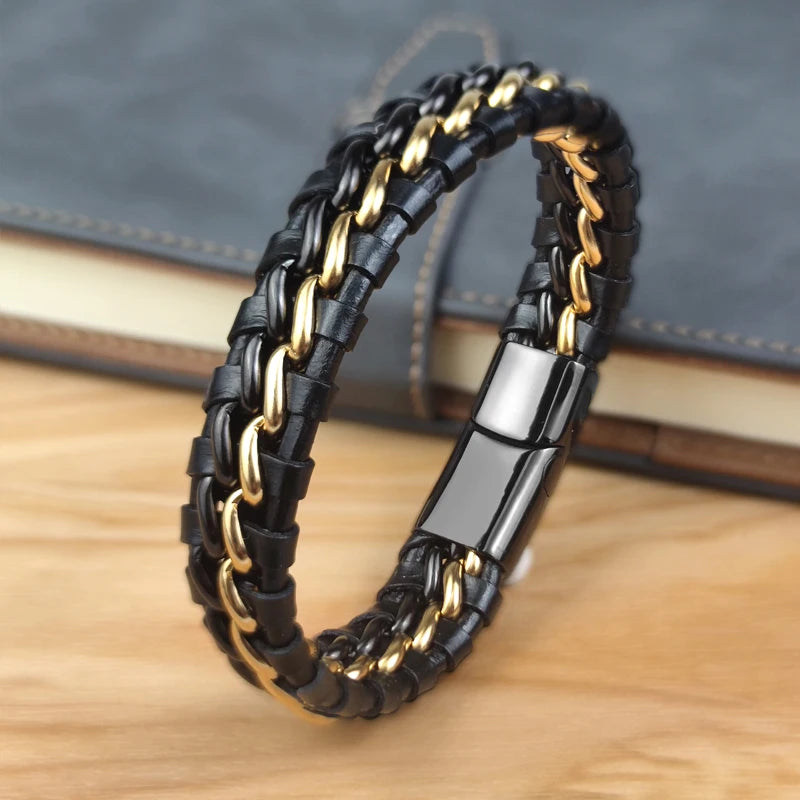 Herren Lederarmband mit Edelstahl Magnetverschluss – schwarz gold