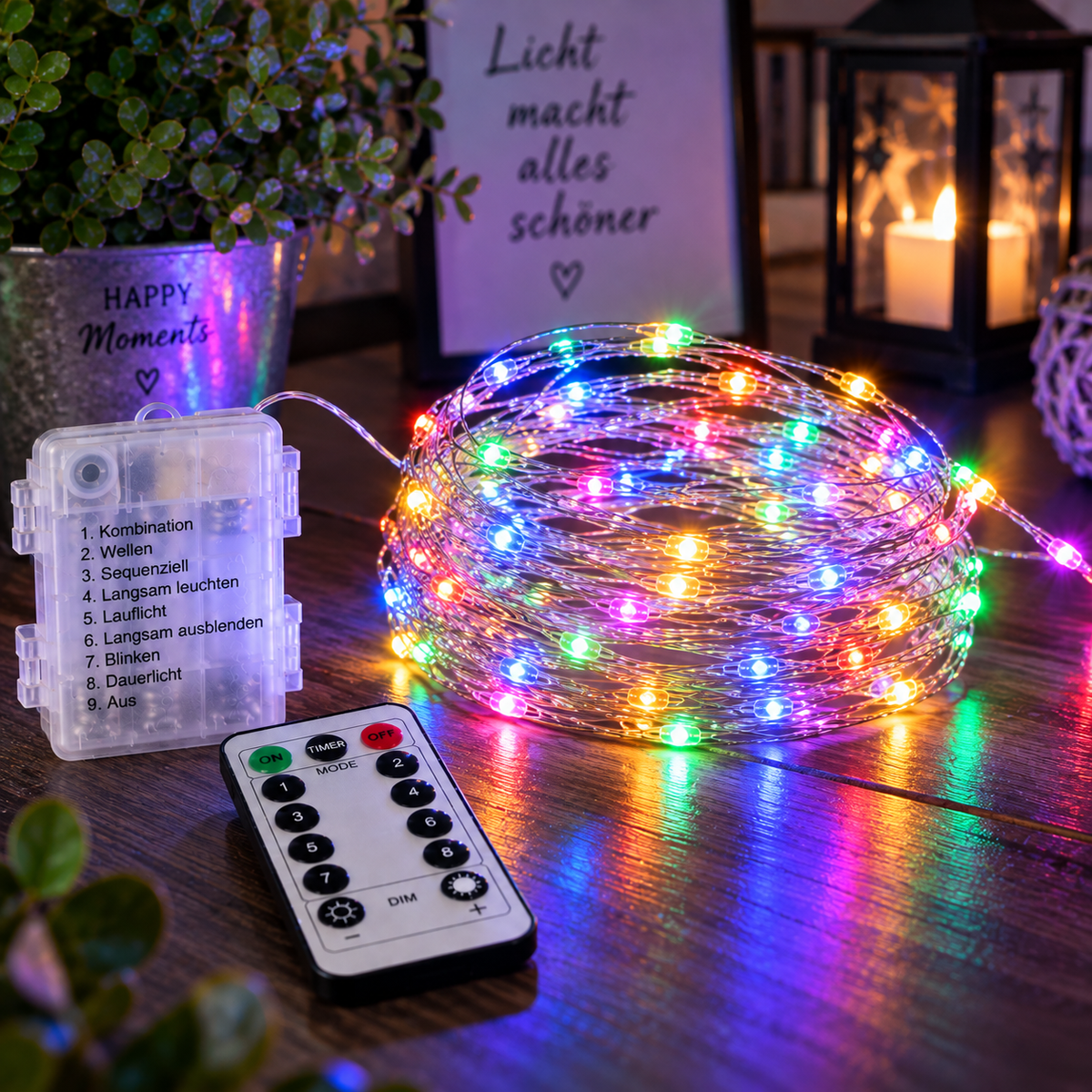 LED-Lichterkette mit buntem Licht, Batteriebox und Fernbedienung