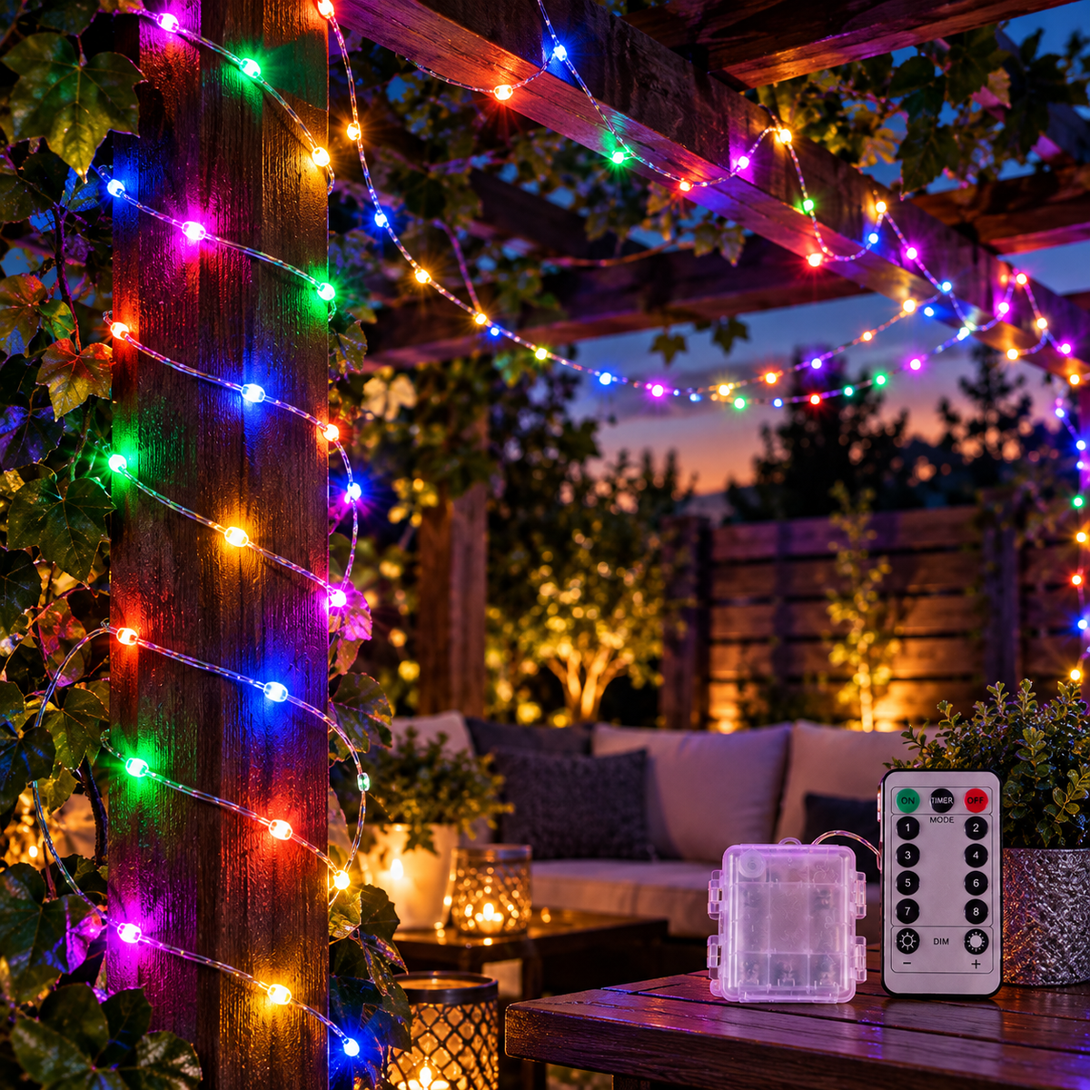 LED-Lichterkette mit buntem Licht an einem Geländer