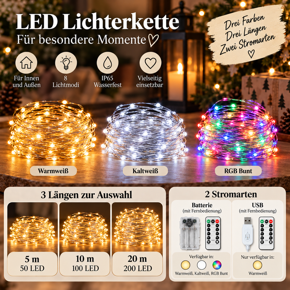 LED-Lichterkette als Übersicht mit Lichtfarben und Längen