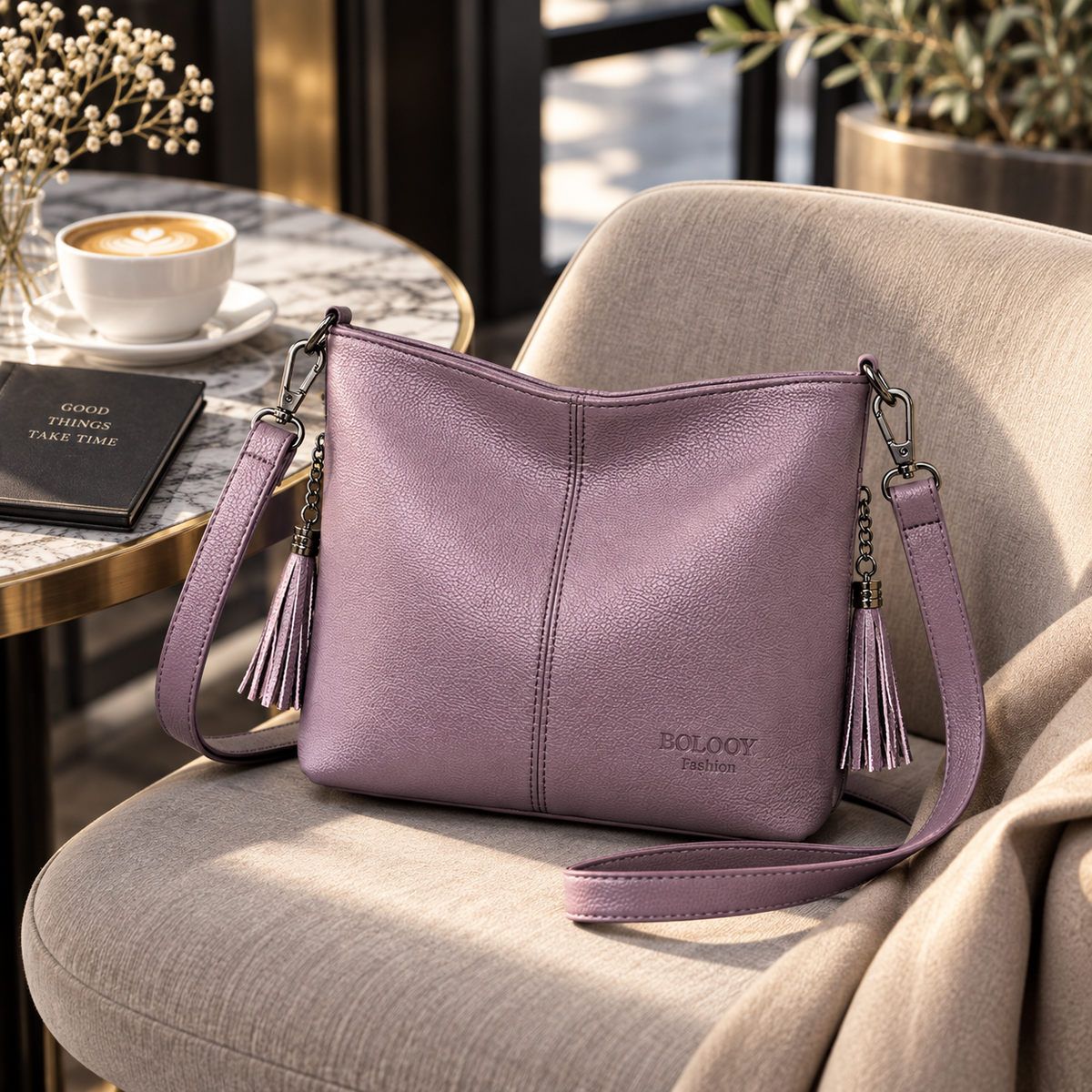 Schultertasche mit Zierquasten in Lila, Produktansicht