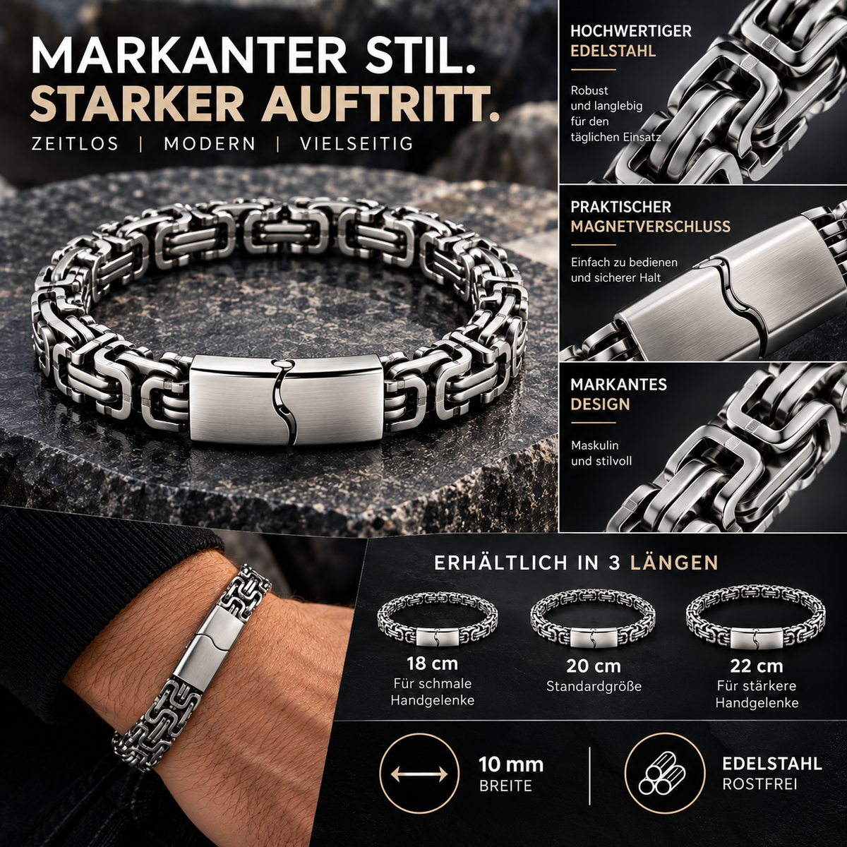 Silberfarbenes Herren-Gliederarmband in einer Übersicht mit Längenangaben